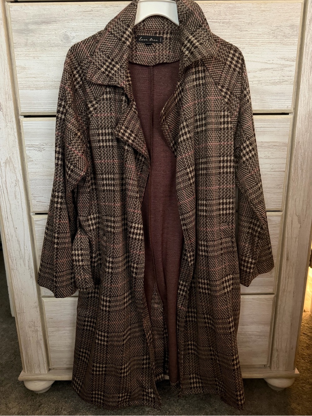 Love Tree Plaid Long Open Front Coat in Brown